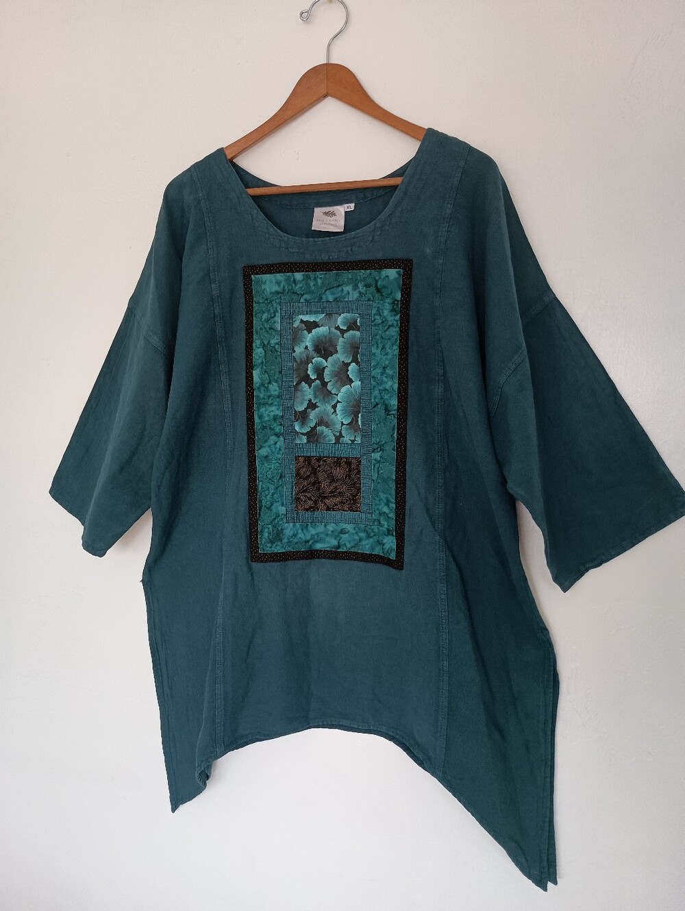 Brie Kriebel 100% Cotton Green Wearable Folk Art 3/4 Sleeve Boho Shirt Top Sz XL